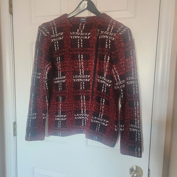 RALPH LAUREN CHAPS Women’s Size Large Red Blk Sweater Zip Long Sleeve Plaid - Picture 2 of 5